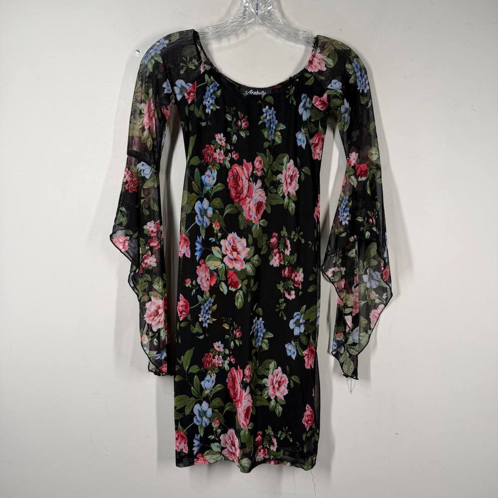 Arabella Floral Mesh Mini Dress Black Rose Long Bell Sleeve Fairycore Goth XS